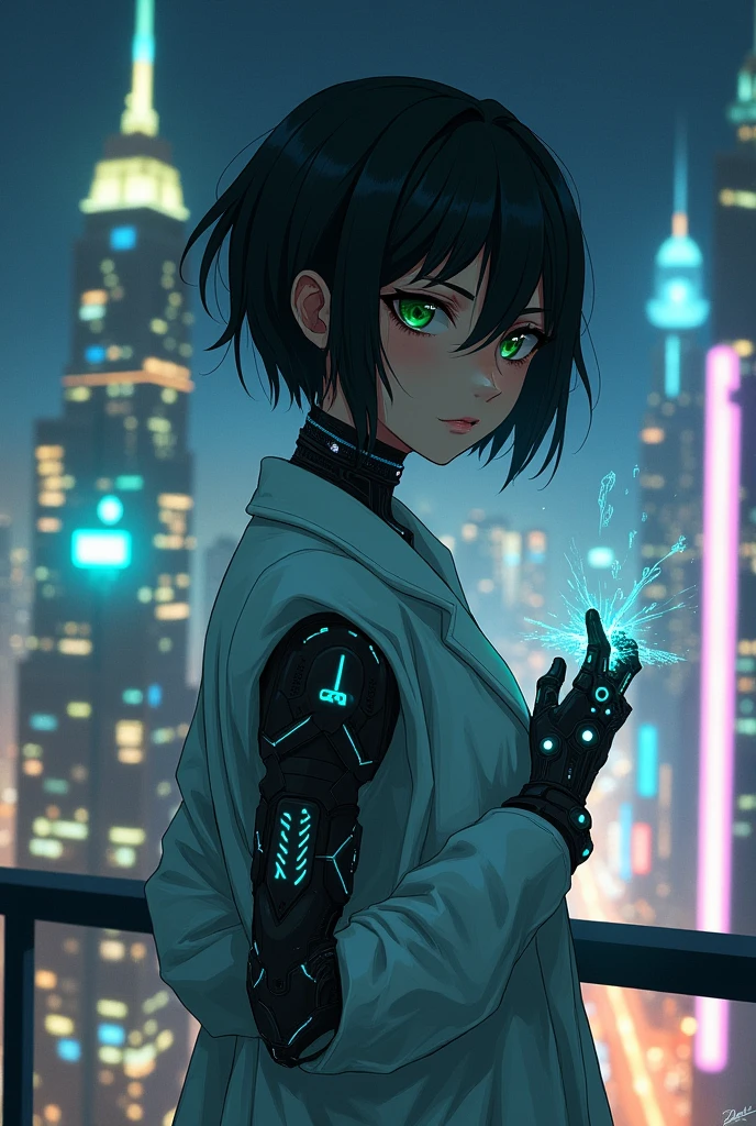 1920x1080 

A woman inspired by the character Makima, with short black hair and intense green eyes, standing on a hotel balcony in a futuristic city at night. She wears a white scientist's coat, and parts of her body, specifically her arm and neck, feature cybernetic components with black metallic details and lights. The scene includes a starry sky, illuminated skyscrapers, and vibrant neon lights, creating an energetic atmosphere. She holds an advanced technological device in one hand, projecting holograms that float in the air. Her expression is thoughtful as she looks at the horizon, symbolizing her awareness of her potential for further evolution despite her current power and knowledge. The cybernetic parts in her arm and neck are prominent, with all lights and metallic details being black.