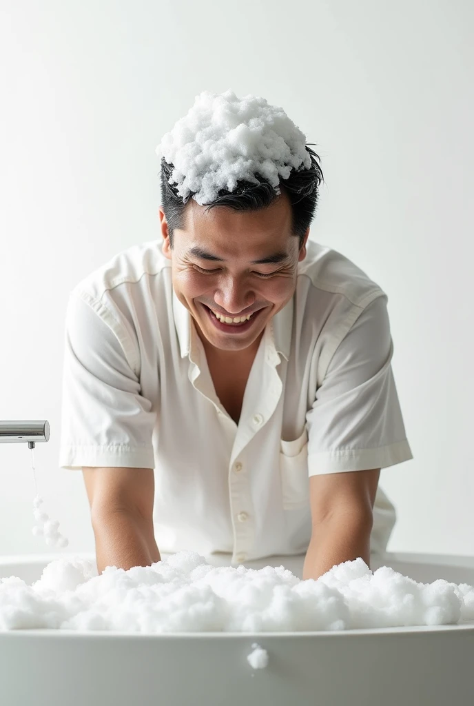 Create an Asian man，Dress conservatively，Bending over and washing hair，My hair is full of foam，There is a lot of foam on the head，The expression is happy，The characters are realistic and realistic，Pure white background，Showing the character&#39;s hair，9:16 frames，Ultra-high-definition picture quality