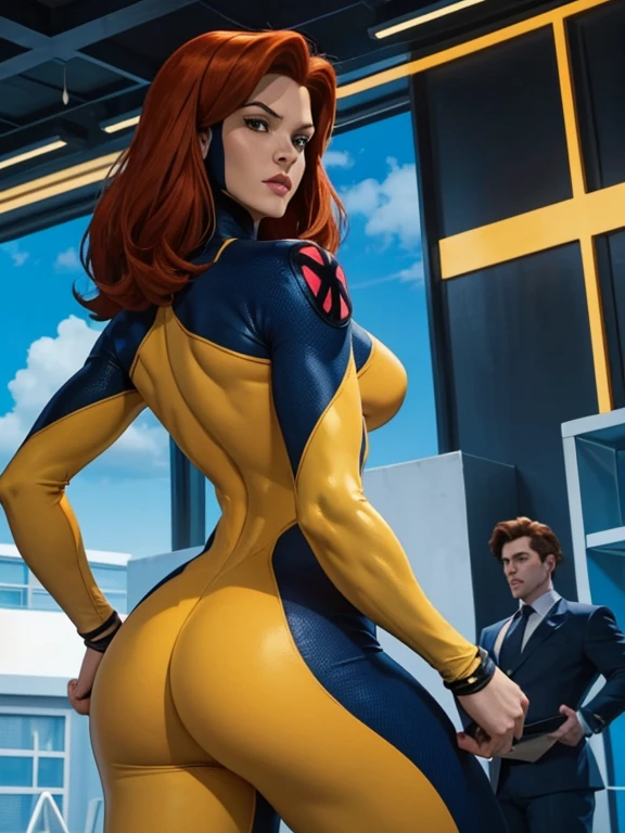 "Jean Grey standing confidently in a tight X-Men uniform, her athletic build and curvaceous figure highlighted by the form-fitting suit. The yellow and blue suit accentuates her narrow waist and strong legs, detailed tight ass, while her flowing red hair adds a dynamic touch."