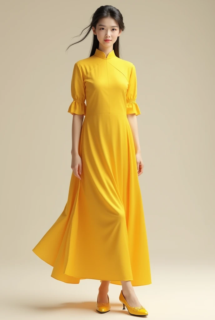 Chinese girl standing yellow dress and shoes wearing  realistic 