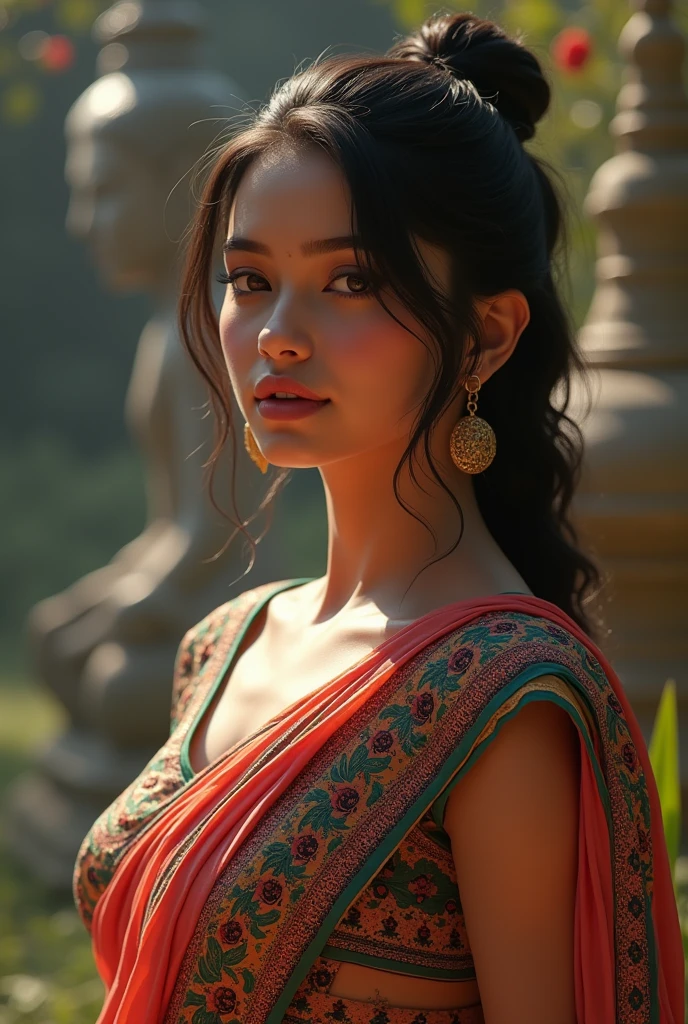 Rashmika madana 25 years old beautiful different face cute sexy Indian girl, curvy body, beautiful different colorful t-shirt in covered jamdani design Bengali style saree, big m-cup tight breast, different side bun hairstyle, bright eyes, thin eyebrows, fair skin, blushing cheeks, head to thigh view, smiling face, Kamasutra expression, Straight front view standing beautiful different Gautam Buddha statue place background, ultra realistic, head to thigh view, black hair, Provocative eye Contact, glossy lips