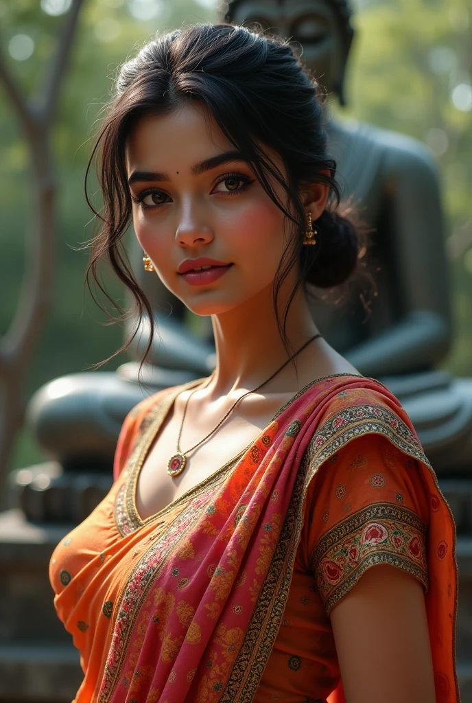 Rashmika madana 25 years old beautiful different face cute sexy Indian girl, curvy body, beautiful different colorful t-shirt in covered jamdani design Bengali style saree, big m-cup tight breast, different side bun hairstyle, bright eyes, thin eyebrows, fair skin, blushing cheeks, head to thigh view, smiling face, Kamasutra expression, Straight front view standing beautiful different Gautam Buddha statue place background, ultra realistic, head to thigh view, black hair, Provocative eye Contact, glossy lips