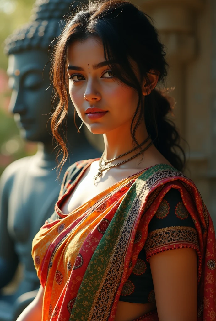 Rashmika madana 25 years old beautiful different face cute sexy Indian girl, curvy body, beautiful different colorful t-shirt in covered jamdani design Bengali style saree, big m-cup tight breast, different side bun hairstyle, bright eyes, thin eyebrows, fair skin, blushing cheeks, head to thigh view, smiling face, Kamasutra expression, Straight front view standing beautiful different Gautam Buddha statue place background, ultra realistic, head to thigh view, black hair, Provocative eye Contact, glossy lips