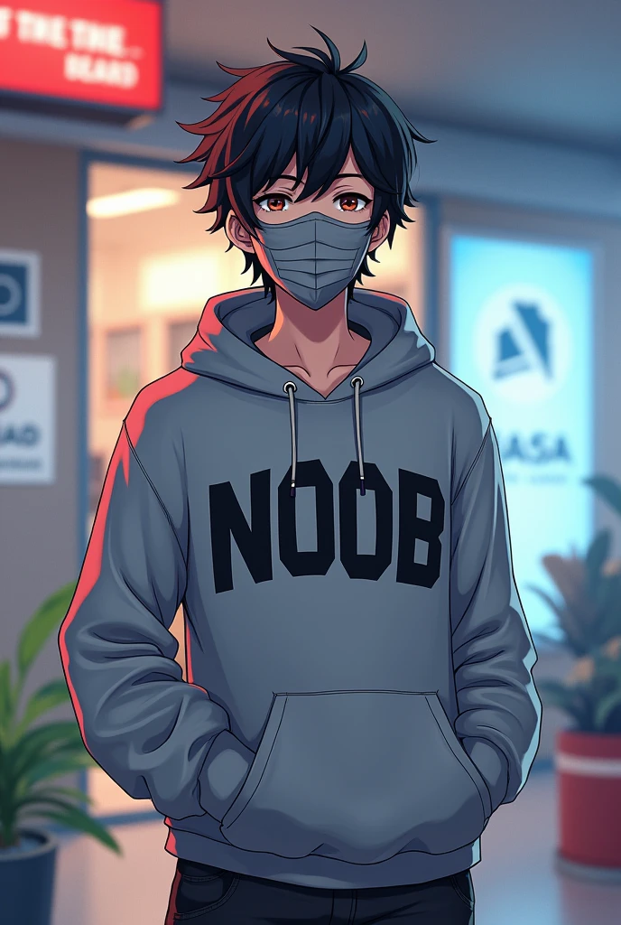 Make a male anime character who wears a sweatshirt with NOOB written on it and wears a custom mask over his mouth and with sleepy eyes