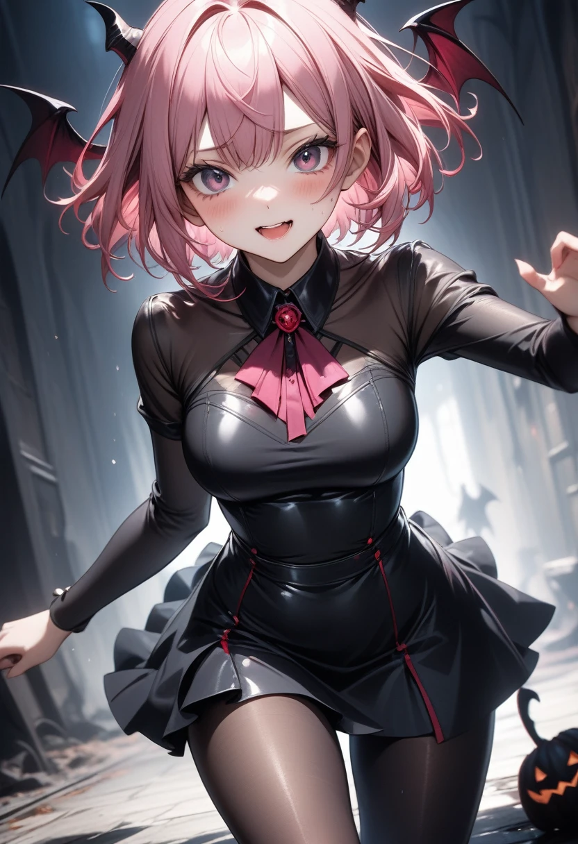 (((A spooky fantasy world of darkness))), (((An image that fades into darkness))), (((Costume designed to transform into a demon)), (skirt), (pantyhose))), , ((Shiny Costumes)), skindentation, skinny, solo, 1 woman, Masterpiece, highest quality, highest quality, 16K, incredibly absurd, highly detailed, 2.5D, ai-generated, delicate and dynamic, very delicate facial expressions, delicate eye depiction, erotic, only sexy woman, ((A cute and kind face)), healthy figure, ((25-year-old woman)), 160cm tall, medium firm swaying bust, (short hair), (pink hair:1.5), bob cut, black eye, blush, Sweat,Embarrassed,sexy, ((thin thighs)),, (camel toe:0.7), , (Erect nipples,:0.7), shiny and lustrous, facing straight at viewer, ((Oily_skin)), ((dutch angle)), ((erotic pose)), ((A world stained with evil)), (((Very dynamic pose))), (The expression becomes more evil),