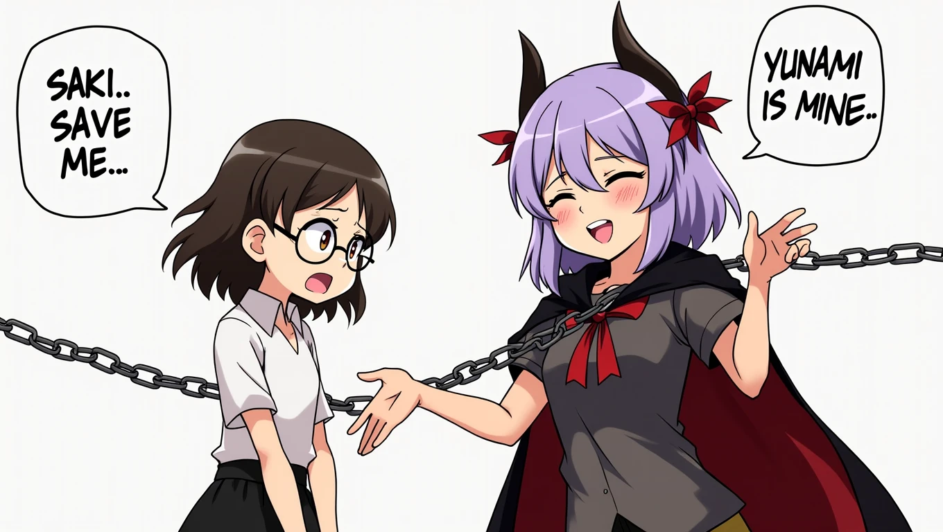 Create an anime-style thumbnail featuring two female characters with contrasting emotions. On the left, a nervous girl with glasses, wearing a minimal outfit, is chained and looking distressed. On the right, a confident girl with devilish horns and a cape, smiling mischievously, claims ownership with an outstretched hand. The background should be simple, with focus on the characters, and include speech bubbles with one girl saying 'Saki... save me...' and the other saying 'Sunami Yuuko is mine.' Use bold, clear fonts for the text to ensure it stands out.