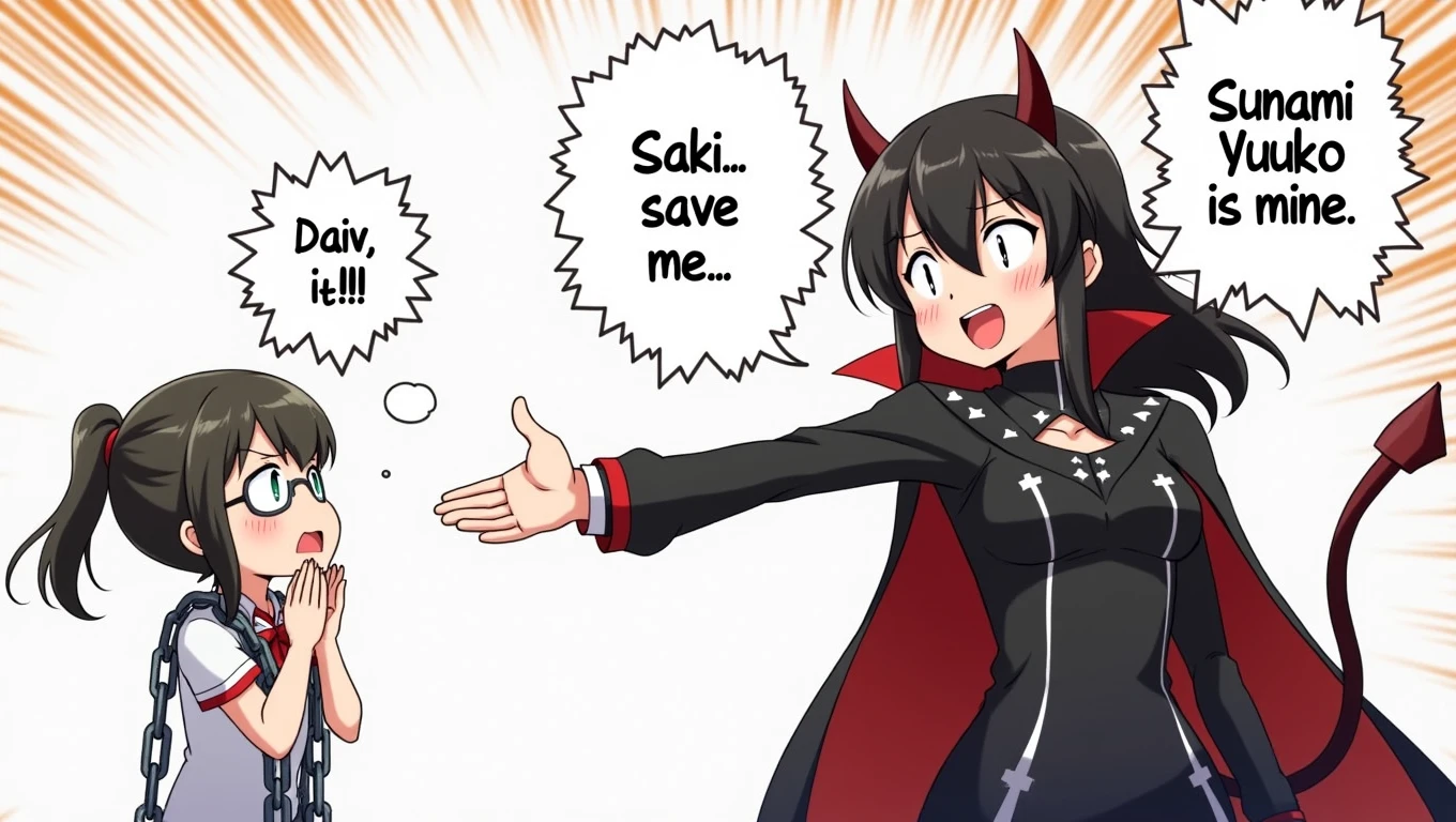 Create an anime-style thumbnail featuring two female characters with contrasting emotions. On the left, a nervous girl with glasses, wearing a minimal outfit, is chained and looking distressed. On the right, a confident girl with devilish horns and a cape, smiling mischievously, claims ownership with an outstretched hand. The background should be simple, with focus on the characters, and include speech bubbles with one girl saying 'Saki... save me...' and the other saying 'Sunami Yuuko is mine.' Use bold, clear fonts for the text to ensure it stands out.