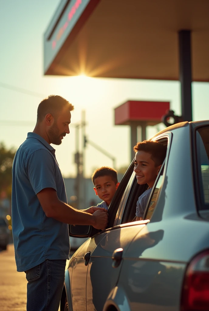 An image that captures an authentic moment , at the Ipiranga gas station, the son inside the car. The gas station attendant smiling and helping the father