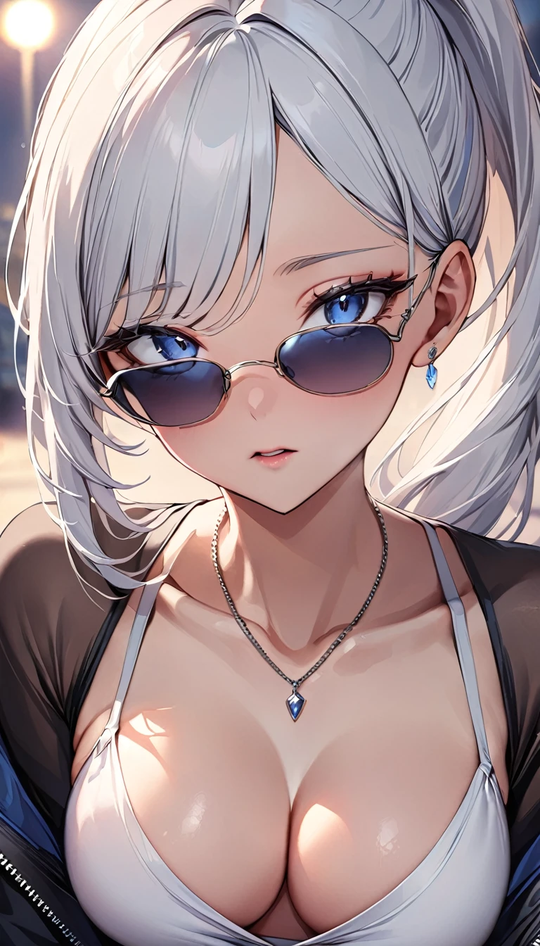 (masterpiece), perfect face, best quality, 1girl, adult anime girl, white hair, long hair, bangs, ponytail, blue lens sunglasses, close-up capture, looking at viewer, detailed nose, detailed natural mouth, black cotton jacket with zippers, silver necklace, medium breasts, 