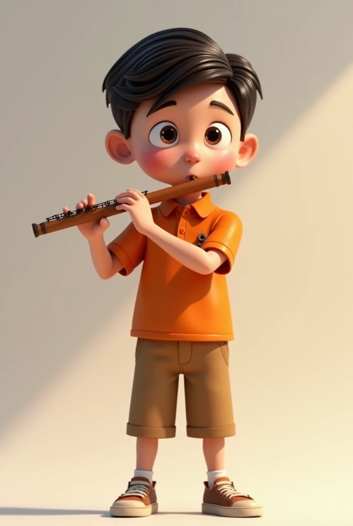 A boy about 15 years old wearing an orange polo shirt, playing a flute, standing slightly to the right. 3D, Animated, with legs, detailed face, asymmetrical 16k, full body