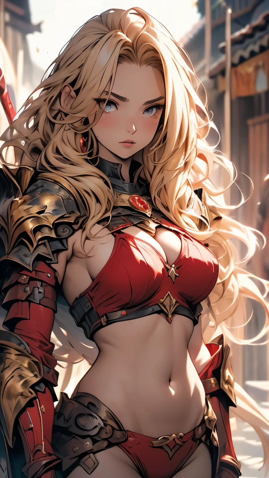 Golden wavy long hair、Sleepy expression、Embarrassing、Red metallic bikini、female knight、Huge breasts、Underboob、Sideboob、Gold Armor、Absolute area、Camel toe、Belly button、NSFW、Shooting from below、sword