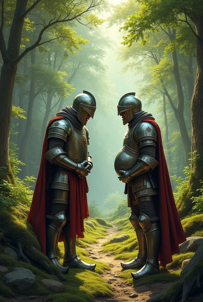 (photorealism:1.2), 2 knights in the woods, one is laughing at the other, and the other one holding his stomach in pain