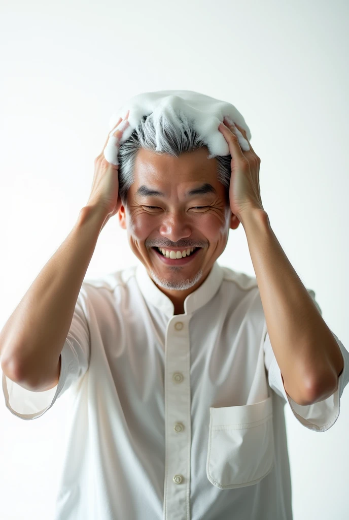 Create an Asian man,Dress conservatively,Bending over and washing hair,Scratching hair with hands,My hair is full of foam,There is a lot of foam on the head,The expression is happy,The characters are realistic and realistic,Pure white background,Showing the character's hair,9:16 frames,Ultra-high-definition picture quality