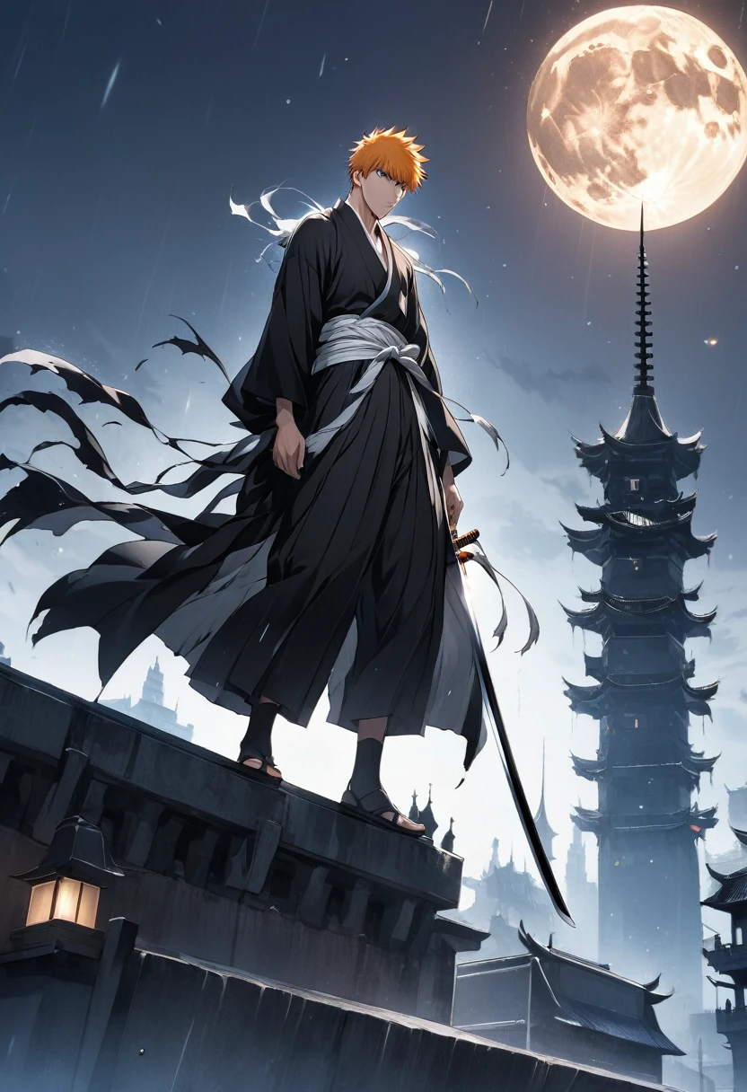 PHOTO OF THE HANDSOME ADULT MALE CHARACTER OF THE ANIME "ICHIGO" WITH HIS TYPICAL BLACK KIMONO APPEARANCE AND SWORD STANDING ON TOP OF A CITY TOWER WHILE STARING AT THE NIGHT MOON.