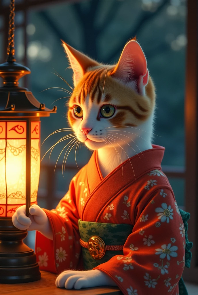 Japanese Yokai、Cat、Anthropomorphic female calico cat、The body is human、Wearing traditional Japanese kimono、Night after night, I lick the oil from the lantern、Traditional Japanese House、Exquisitely detailed kimono texture、detailed fur texture、Very detailed、Ethereal、Shine、mysterious、Fantasy、Ukiyo-e style、Bright colors、Dramatic lighting、Digital Painting、8k、high quality