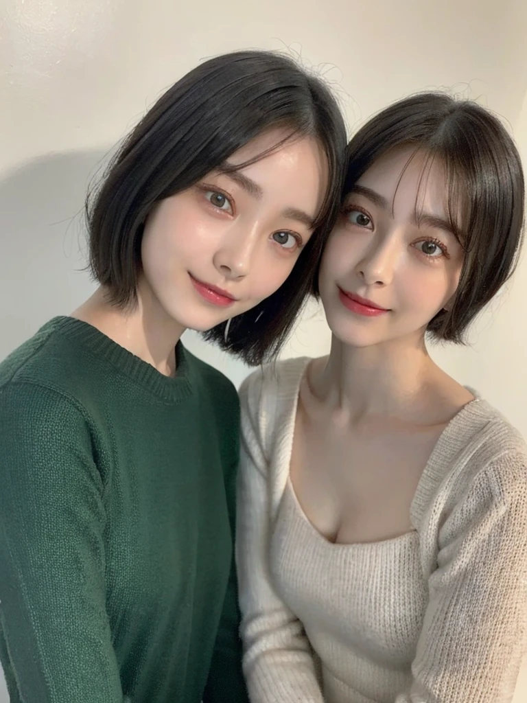 (masterpiece:1.3), (8k, Photoreal, Raw photo, best image quality: 1.4), Japanese high school girl、(random hairstyle:1.2)、cleavage:1.5、super detail face、eye for details、double eyelid、chest to chest、sharp focus:1.2、Beautiful woman:1.4、light brown hair、highest quality、masterpiece、超A high resolution、(Photoreal:1.4)、Highly detailed and professionally lit smiles、loose and light knitwear、shoulder out、thin、serious expression、short haired、deadly position
similar identical twins
All the girls have the exact same face, The two have the same face and figure, as if they were mirror images.