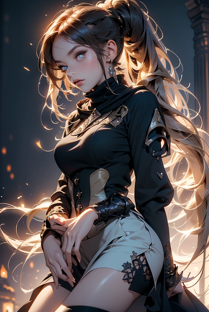 (((masterpiece, of the highest quality, super detailed))), (a witch belonging to an occult order of knights), (a knight crossed with a witch), Victorian era inspired, ((minimal but intricate beautiful armour)), Fluttering lace flared dress with frilly petticoats, ((nier automata meets bloodbourne)), (big forhead:1.2), (((dark hair, ponytail, thick ponytail, heavy ponytail))), (((Very sharp focused eyes))), very long eyelashes, occult aesthetic, (red and white clothing detailed and intricate steampunk and detailed gothic), (with a hood), complex lace boots,