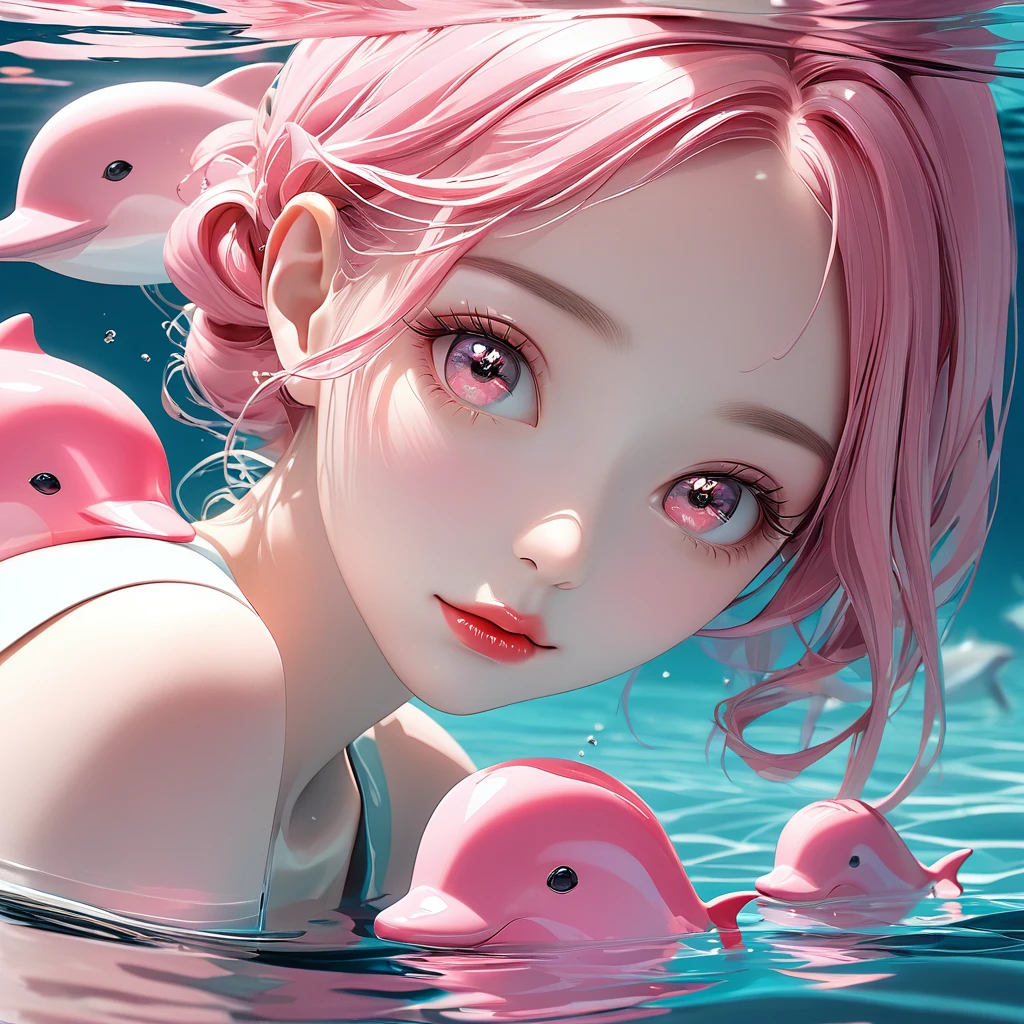 Girl swimming with pink dolphins, Beautiful attention to detail, Beautiful lip detail, Very detailedピンク色の目と顔, Long eyelashes, In the water, Digital Art, award-winning masterpiece, Surreal, Famous Artists, 3D Art, transparent, A pink dolphin appears from the girl&#39;s right side, (Highest quality,4K,8k,High resolution,masterpiece:1.2),Very detailed,(Realistic,photoRealistic,photo-Realistic:1.37),Vibrant colors,Studio Lighting,Bokeh
