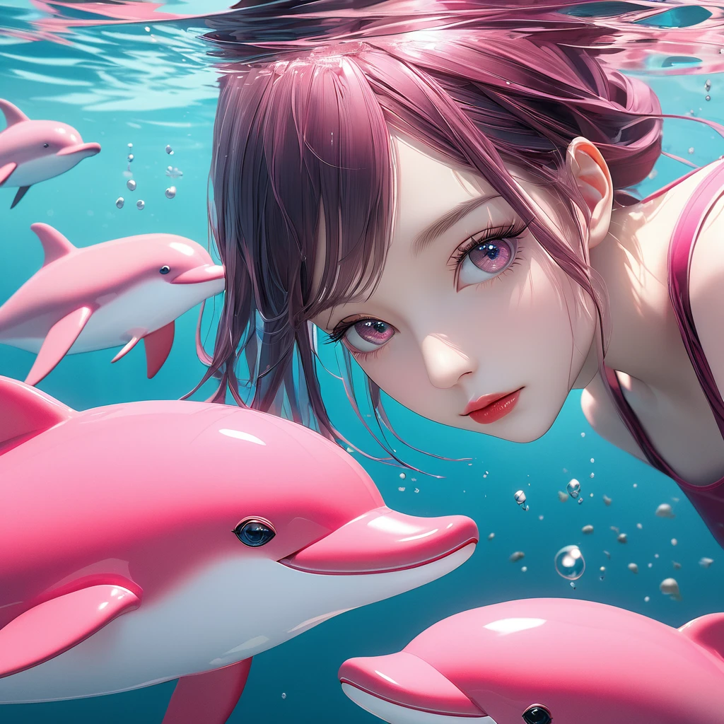 Girl swimming with pink dolphins, Beautiful attention to detail, Beautiful lip detail, Very detailedピンク色の目と顔, Long eyelashes, In the water, Digital Art, award-winning masterpiece, Surreal, Famous Artists, 3D Art, transparent, A pink dolphin appears from the girl's right side, (Highest quality,4K,8k,High resolution,masterpiece:1.2),Very detailed,(Realistic,photoRealistic,photo-Realistic:1.37),Vibrant colors,Studio Lighting,Bokeh