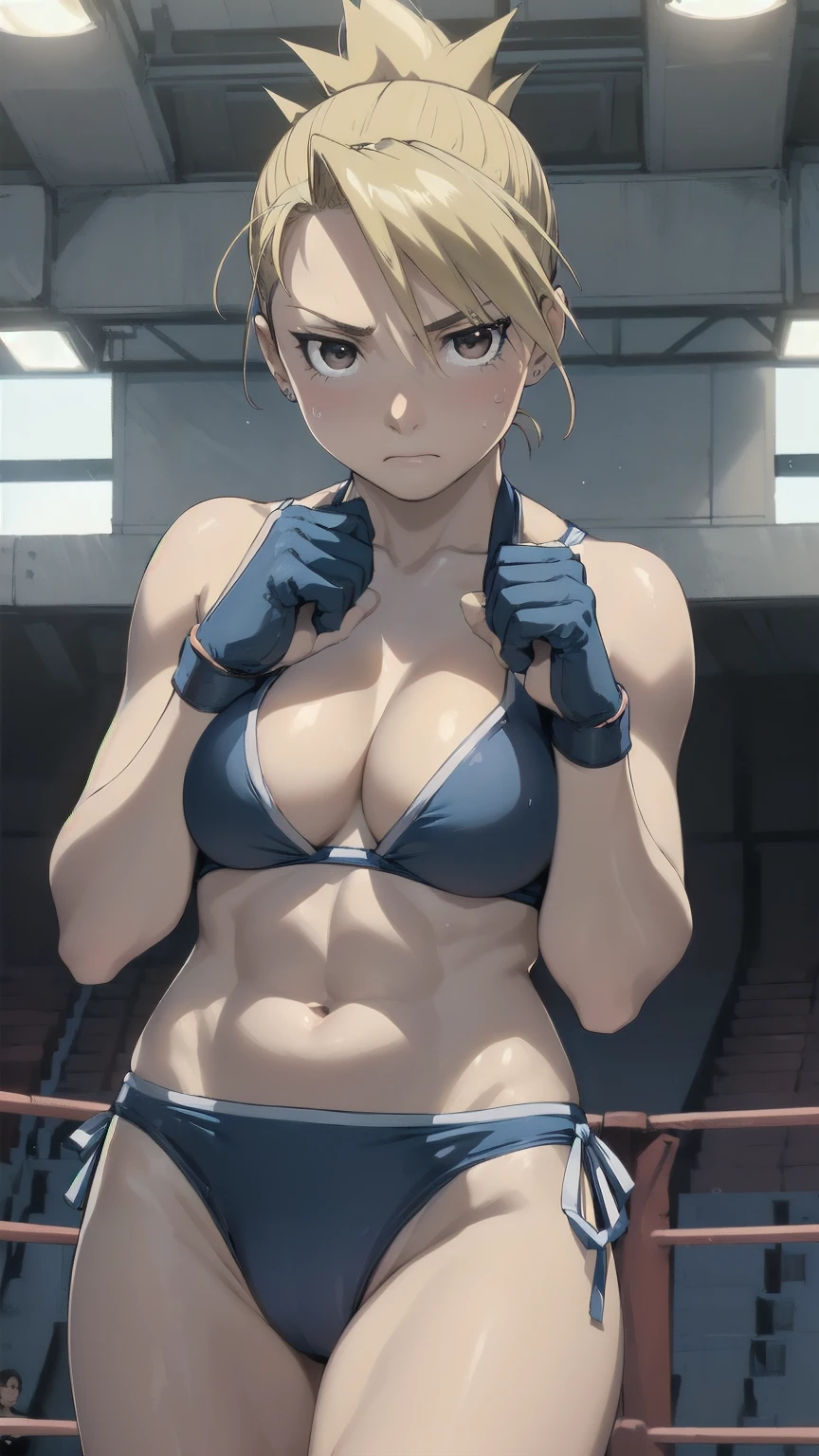 masterpiece, Highest quality, High resolution, One Girl, ponytail茶色の目,big , マイクロbikini、Cowboy Shot、Muscular body、blush、Sweat、Composition from the front、anime、(((Light blue bikini、Fighting Pose、Kick、NSFW、Stand in front、audience、Shaking breasts、 Fully exposed、Look forward)))、((Wrestling Arena)), (ponytail、Boxing gloves、Female wrestler), (Slender body, 発Sweat, Embarrassing、blush), Mature Woman, Mature Woman, (bikini, Very sophisticated wrestling equipment)