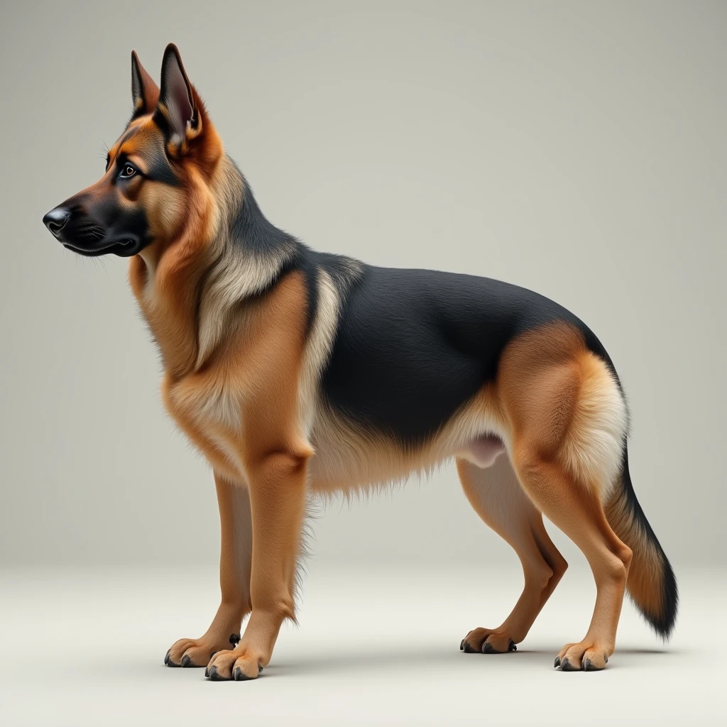 german shepherd dog standing with big sagging belly bulge, side view
