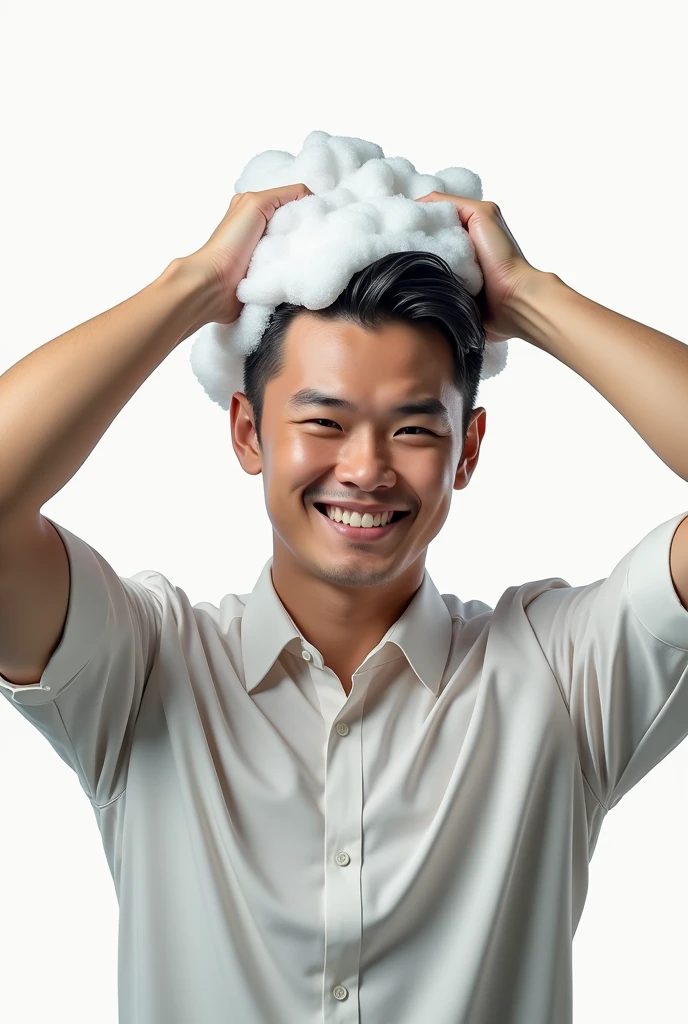Create a handsome Asian guy,Dress conservatively,Bending over and washing hair,Scratching hair with hands,My hair is full of foam,There is a lot of foam on the head,The expression is happy,The characters are realistic and realistic,Pure white background,Showing the character's hair,9:16 frames,Ultra-high-definition picture quality