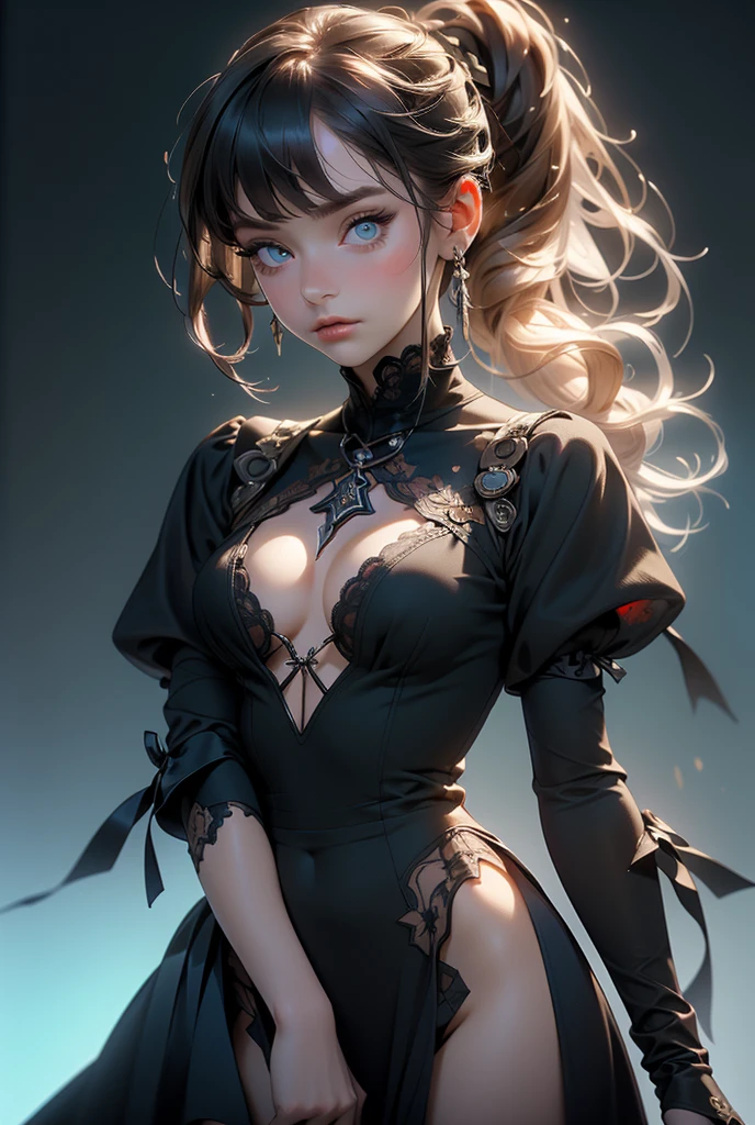 (((masterpiece, of the highest quality, super detailed))), (a witch belonging to an occult order of knights), (a knight crossed with a witch), Victorian era inspired, ((minimal but intricate beautiful armour)), Fluttering lace flared dress with frilly petticoats, ((nier automata meets bloodbourne)), (big forhead:1.2), (((dark hair, ponytail, thick ponytail, heavy ponytail))), (((Very sharp focused eyes))), very long eyelashes, occult aesthetic, (red and white clothing detailed and intricate steampunk and detailed gothic), (with a hood), complex lace boots,