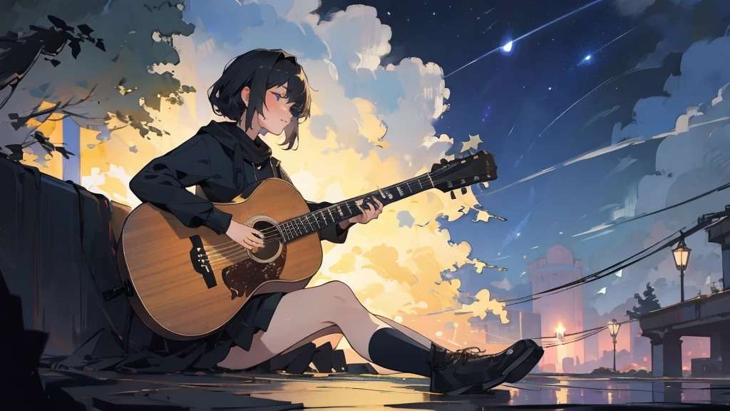 masterpiece,night,(dark alley),star、Night Sky、milky way、octone、
(1. Female), (solo), Knee hugging sitting，acousticguitar