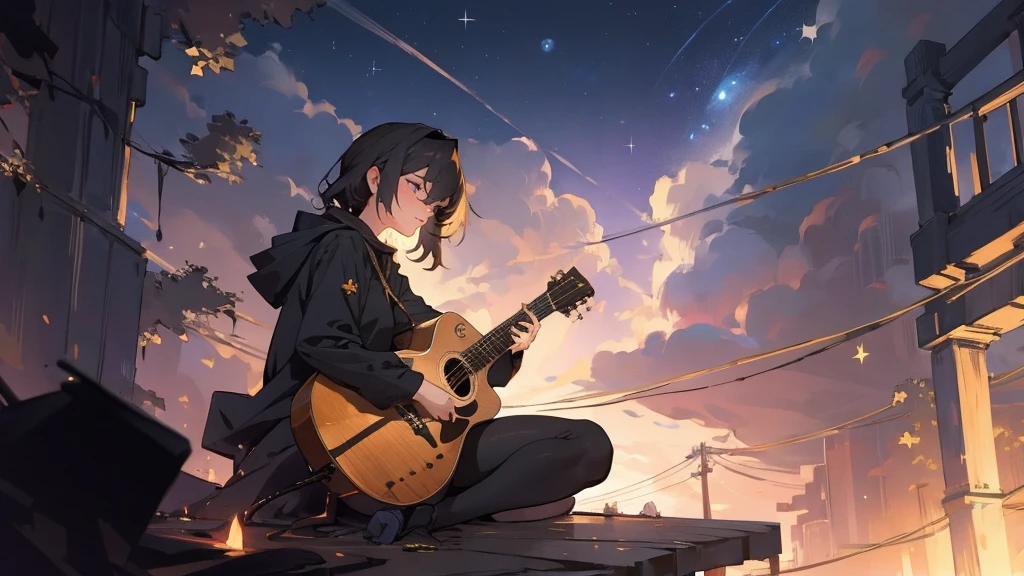 masterpiece,night,(dark alley),star、Night Sky、milky way、octone、
(1. Female), (solo), Knee hugging sitting,acousticguitar