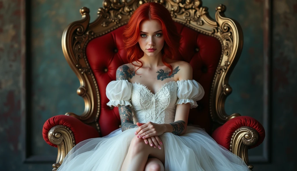 beautiful young girl,4k,ultra detailed,tattoo,smoke,expressive beautiful,younger,tattoo,wearing fantasy white dress, wearing fantasy white high heels,sitting on the throne,crossed legs,sexy,make-up,red hair,matte lipstick,eyelinear,amazing,cute beautiful