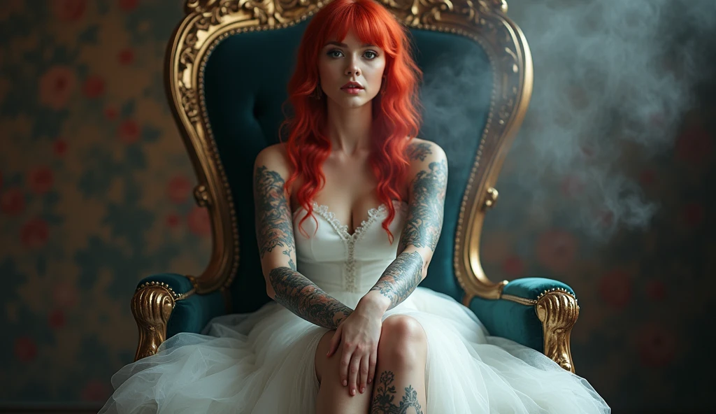beautiful young girl,4k,ultra detailed,tattoo,smoke,expressive beautiful,younger,tattoo,wearing fantasy white dress, wearing fantasy white high heels,sitting on the throne,crossed legs,sexy,make-up,red hair,matte lipstick,eyelinear,amazing,cute beautiful