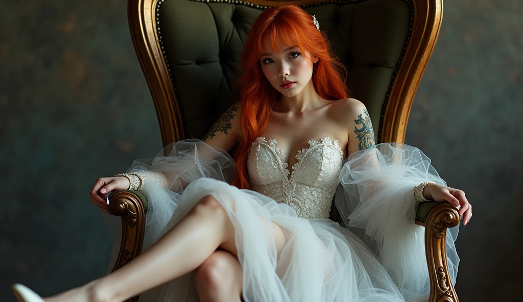 beautiful young girl,4k,ultra detailed,tattoo,smoke,expressive beautiful,younger,tattoo,wearing fantasy white dress, wearing fantasy white high heels,sitting on the throne,crossed legs,sexy,make-up,red hair,matte lipstick,eyelinear,amazing,cute beautiful