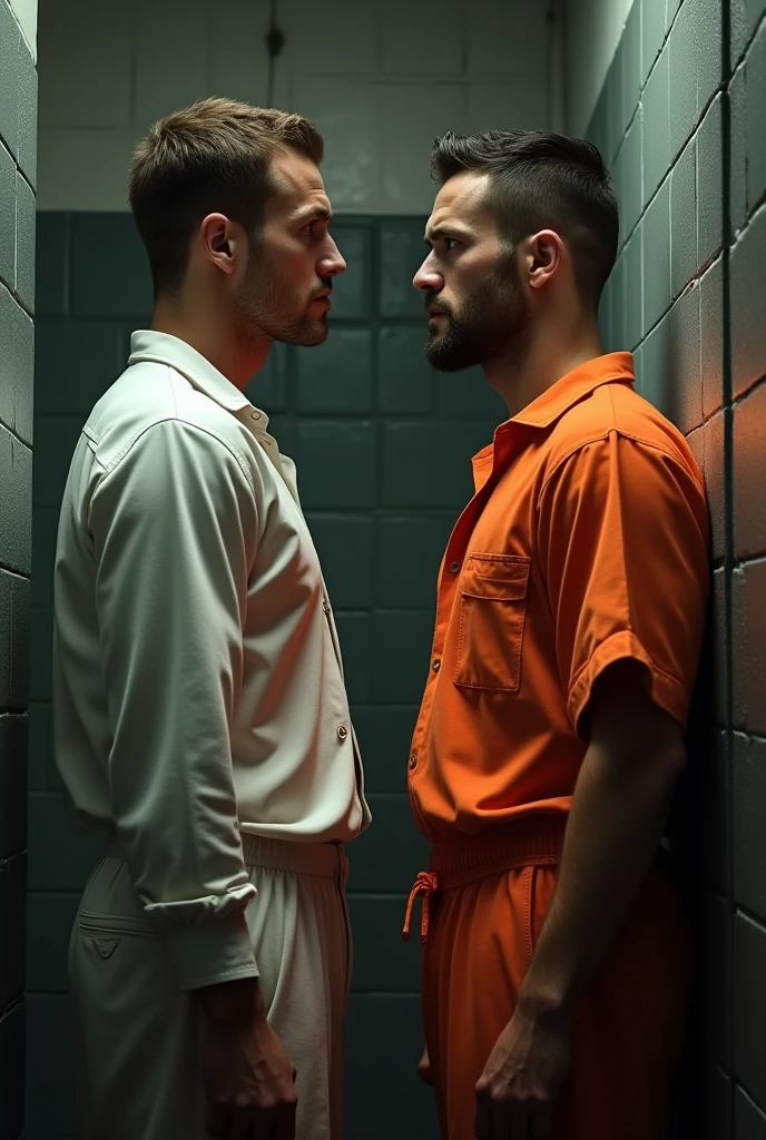 A Male prisoner and his cellmate wearing white long sleeve, And A Orange Prison uniform