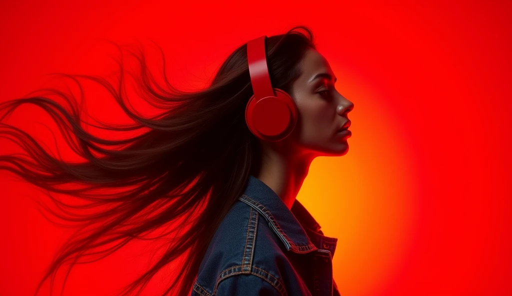 High-fashion photo of a young woman, with hair transforming into liquid, wearing red headphones and a denim jacket, profile view, upper body framing, against a vibrant red backdrop, with dramatic studio lighting, shot at eye level, on a Hasselblad H6D-100c, (motion blur effect:1.3), in the style of (Nick Knight:1.4)