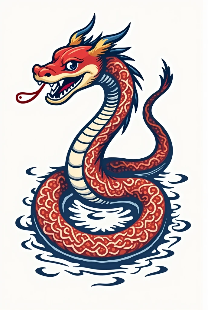 White background. The Snake in the Chinese zodiac,cute Snake,in the style of linocut,close-up of the whole body,fine line details,color sand red and blue and white porcelain blue,unique character design,bold color block,simple and concise,detailedintersections,high contrast,dynamic line,word using vintage images,in woodcut,hatching,woodcut style