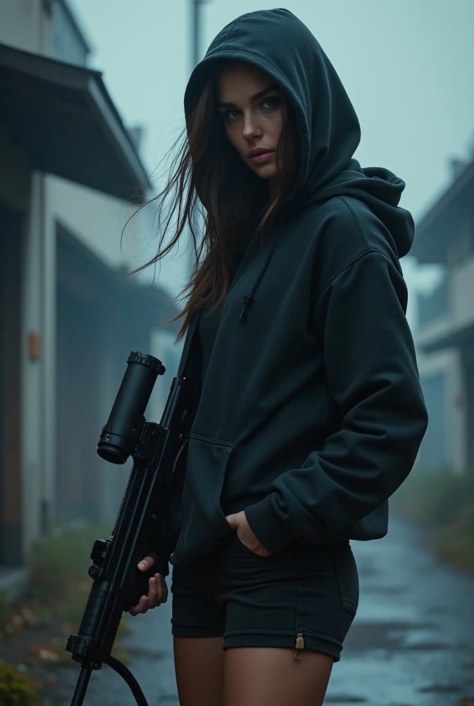 beautiful woman, gal gadot, wearing hoodie, shorts, carrying rifle, dynamic pose, silent city, realistic, photorealistic, 8k, highly detailed, cinematic lighting, dramatic shadows, moody atmosphere, cool color palette, digital art, concept art, hyperrealism