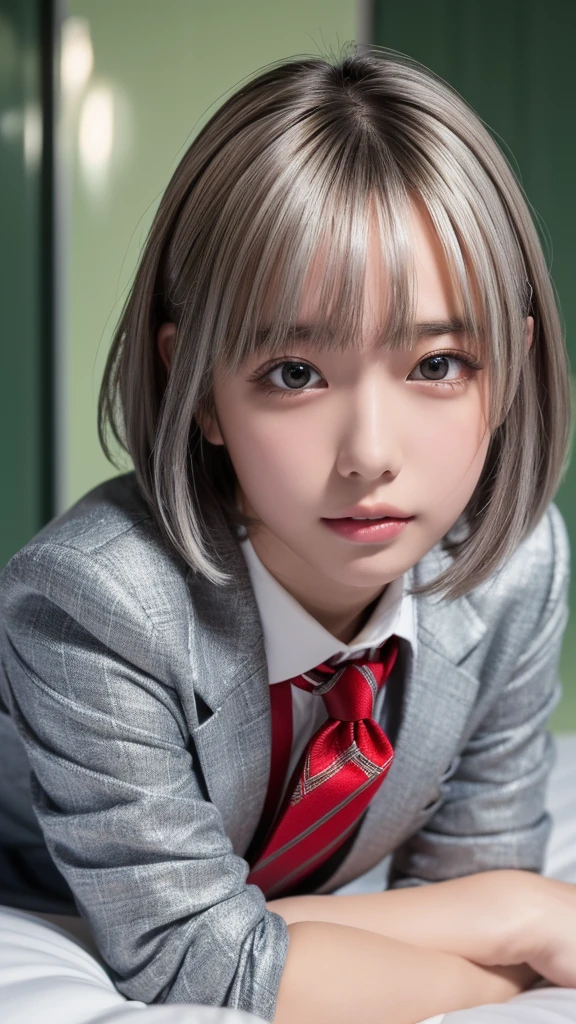 ((masterpiece, Highest quality, High resolution)), 1 Japanese girl, (Realistic: 1.4), excited、Great face,Glossy lips、15 years old, Silver Hair、Silver Hair、short hair, Silver Hair、(Beautiful Hair:1.5), high school girl、(Pure white blazer)、(Red tie)、Checkered mini skirt、Beautiful legs、Lie down on the bed、Staring、Angle from the front, Smooth, Highly detailed CG composite 8K wallpaper, High resolutionのRAWカラー写真, Professional photography, Light, BackLight, dream-like, impressive, Written boundary depth, (Face close-up:1.5)
