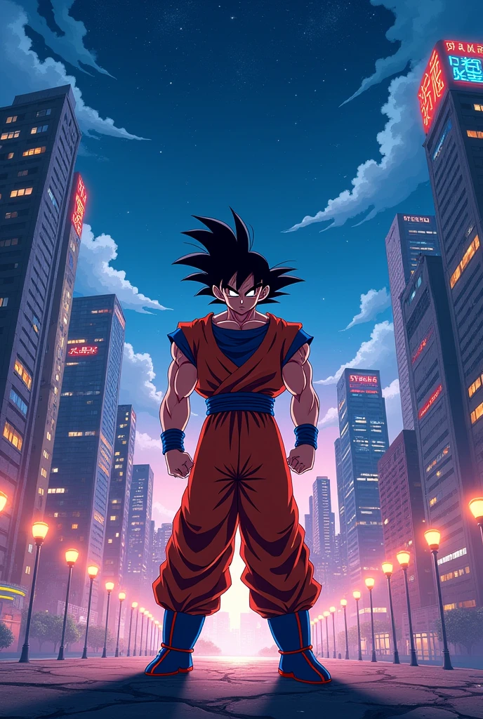 A asthetic wide image in anime style with goku in night I'm the city