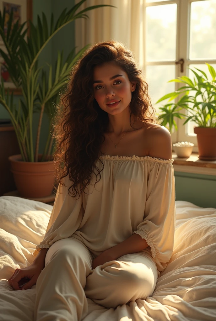 (photorealism:1.2), beautiful woman, sitting on bed, wearing loose off-shoulder top, pajama pants, long curly hair, indoors, soft lighting, plants in background, window with sunlight, cozy room, relaxed pose, realistic, intricate details, warm colors, by Greg Rutkowski, by Alphonse Mucha