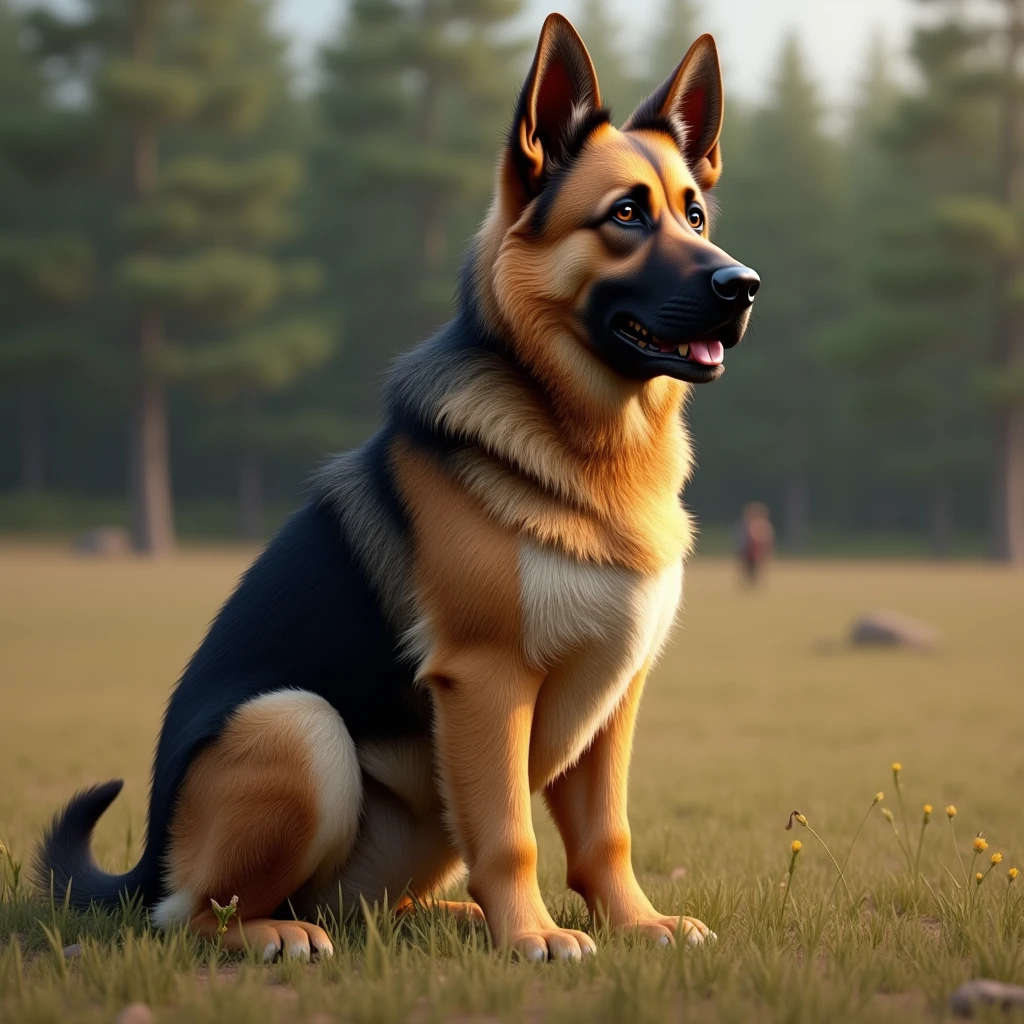 german shepherd dog standing with big fat belly, side view