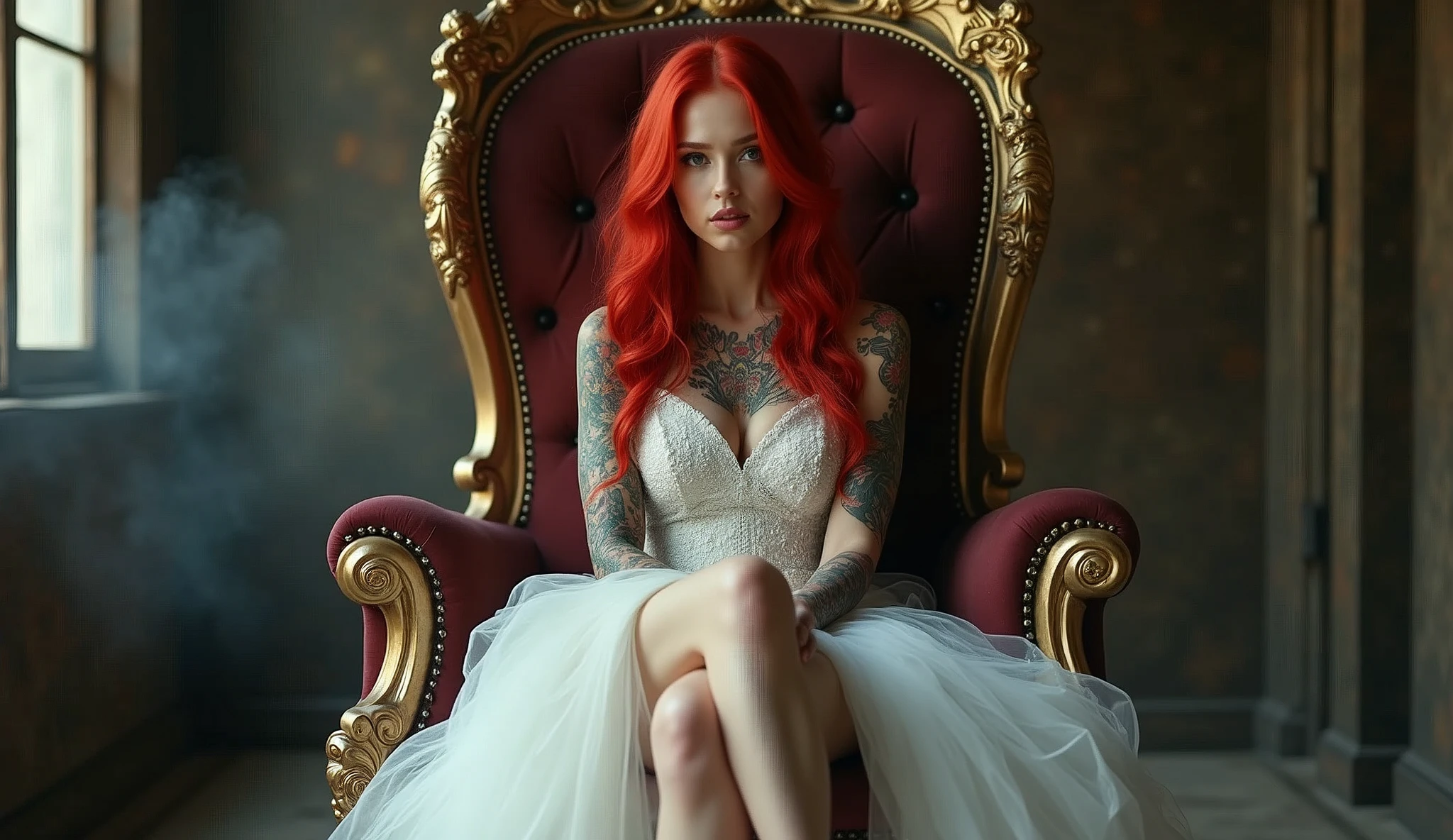 beautiful young girl,4k,ultra detailed,tattoo,smoke,expressive beautiful,younger,tattoo,wearing fantasy white dress, wearing fantasy white high heels,sitting on the throne,crossed legs,sexy,make-up,red hair,matte lipstick,eyelinear,amazing,cute beautiful