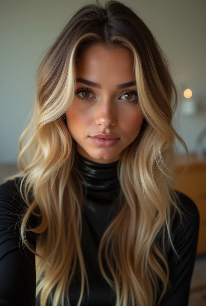 She is a stunning 21-year-old blonde beauty, showcasing her luscious balayage-styled locks and captivating brown eyes in a beautifully crafted selfie. Her exquisite taste is evident in her selection of chic latex leggings, which complement her radiant complexion. (high-quality image:1.9), (stunning fashionista:1.8), (soft lighting with subtle glow:1.4).