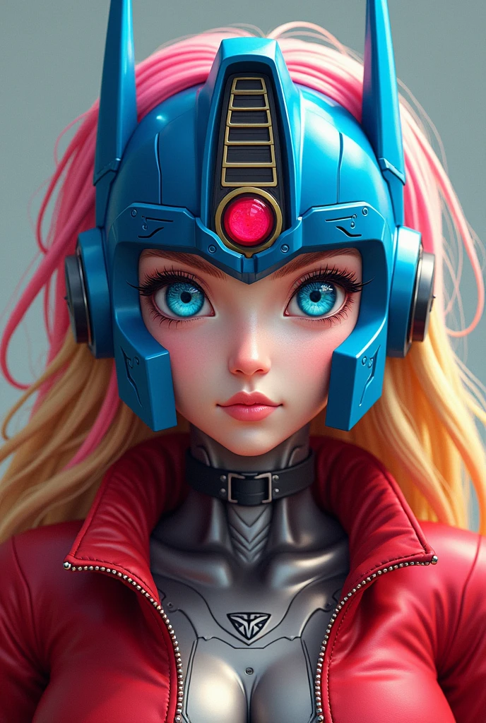 optimus prime, autobot, realistic robot, mecha, 1980s style, retro art style, blue eyes, blonde hair, pink hair, multicolored hair, red jacket, choker, detailed face, detailed eyes, detailed lips, highly detailed, masterpiece, 8k, photorealistic