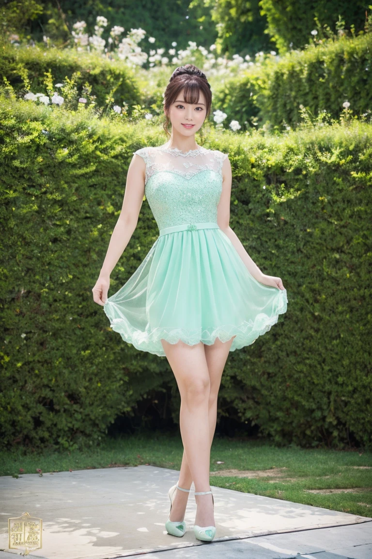 Medium Size Display, Medium Shot, Written boundary depth, Photograph the whole body:1.5, Are standing、Movie angle, masterpiece, Highest quality, Very detailed, CG, 8k wallpaper, Beautiful Face, Delicate eyes, Otome, alone, smile, Mint green dress, bouquet、High heels、Action pose、Taekwondo stance