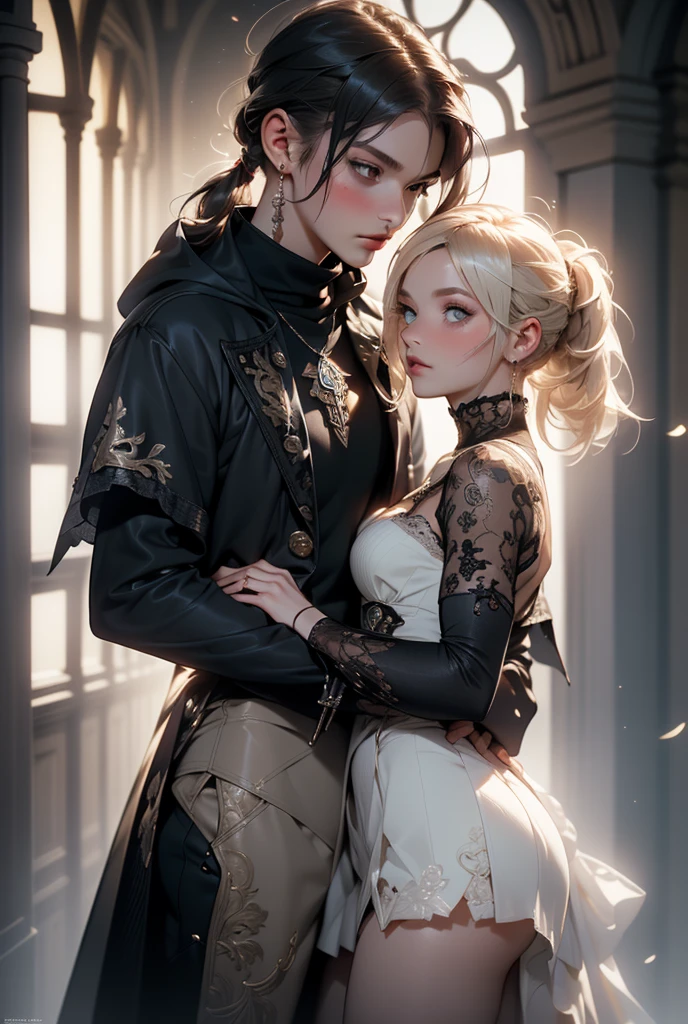 (((masterpiece, of the highest quality, super detailed))), (a witch belonging to an occult order of knights), (a knight crossed with a witch), Victorian era inspired, ((minimal but intricate beautiful armour)), Fluttering lace flared dress with frilly petticoats, ((nier automata meets bloodbourne)), (big forhead:1.2), (((dark hair, ponytail, thick ponytail, heavy ponytail))), (((Very sharp focused eyes))), (medium breasts), very long eyelashes, occult aesthetic, (red and white clothing detailed and intricate steampunk and detailed gothic), (with a hood), complex lace boots,
