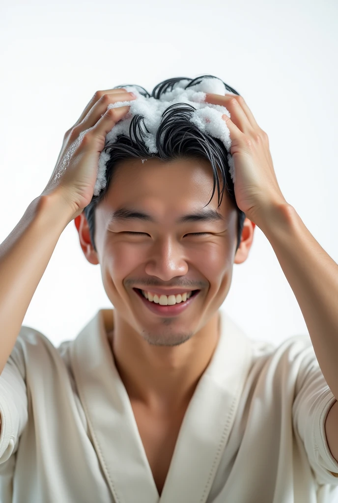Create a handsome Asian guy,Dress conservatively,Bending over and washing hair,Scratching hair with hands,My hair is full of foam,There is a lot of foam on the head,The expression is happy,The characters are realistic and realistic,Pure white background,Showing the character's hair,9:16 frames,Ultra-high-definition picture quality