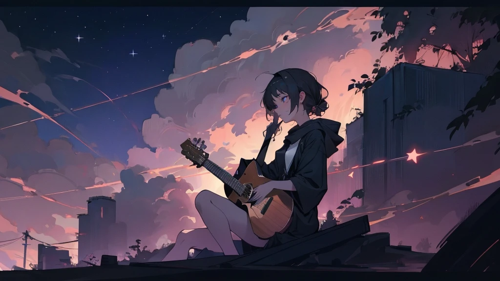 masterpiece,night,(dark alley),star、Night Sky、milky way、octone、
(1. Female), (solo), Knee hugging sitting,acousticguitar