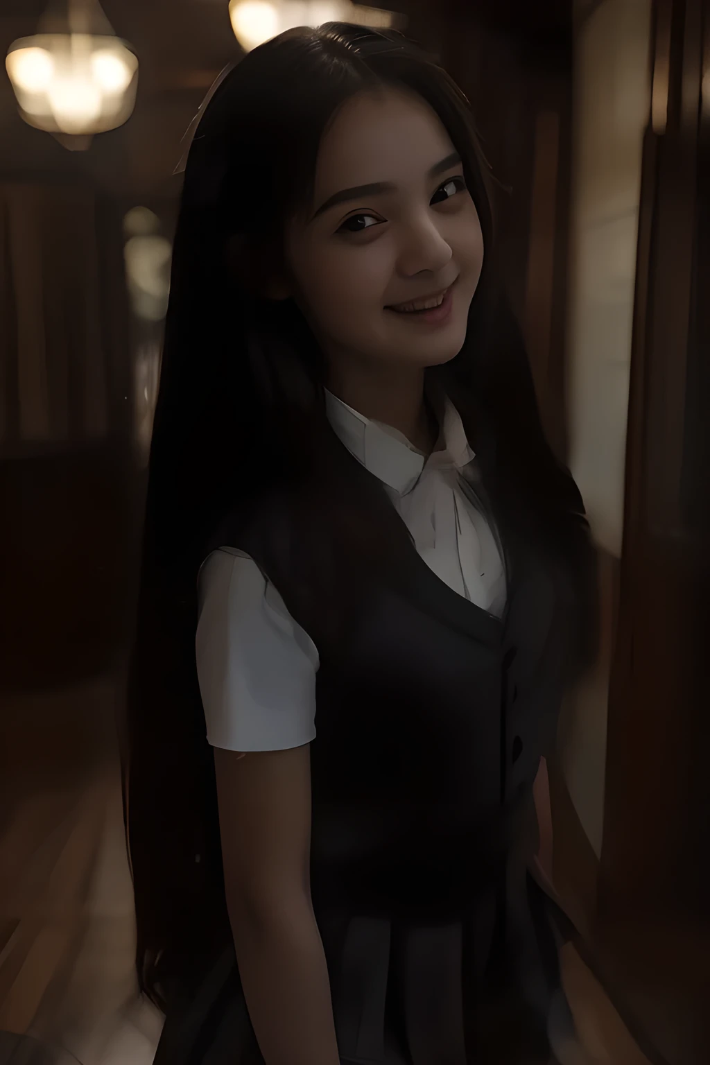 (highest quality, masterpiece, high resolution:1.2), 4K, (Photo quality detailed cute face: 1.4), (Giorgione painting style: 0.8), geometry, pararel, Dark hallway with weathered wooden doors on either side. An antique chandelier hangs from the ceiling., Young succubi are standing in the hallway, Spooky cast, Dark lighting, (14 yo cute girly Japanese girl succubi are seated and looking ME up in ha hall way: 1.0), Laughing cutely, (neat girly white short-sleeves school blouse: 1.0), (puffed short sleeves: 1.0), (Dark red glossy school ribbon on the breast: 1.0), (Gray Japanese school girly vest Uniform: 1.2), (Box-pleated gray short school skirt: 1.2), (Extremely laughing cheeks: 1.0), (Beautiful light-amber cute-dolly large clear eyes with detailed cutely: 1.4), (Long bottom eyelashes: 1.2), (Expressing the greatest joy with her whole body: 1.2), (Glossy lips: 1.0), (Super-straight super-long hair: 1.5), (white and clear skin: 1.0), (Promoting Shampoo: 1.2),