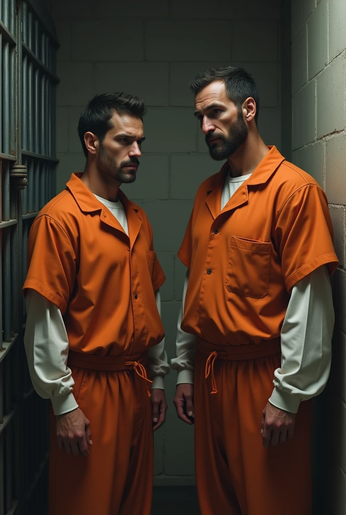 A Male prisoner and his cellmate wearing Orange prison uniform with white long sleeve inside the shirt