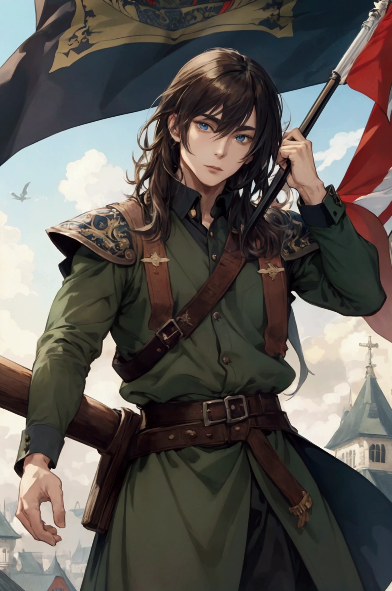 (Masterpiece), ((Highest Quality)),(Official Art),Dark cynicism:1.2),(1 solo anime man: 1.3), A male 19 years old soldier flagbearer man with shoulder-length hair, V-bangs, dark brown hair, blue eyes, clad in dark military uniform, holding a flag and a rapier. Detailed drawing. Detailed eyes. Masculine jaws. Detailed banners and flags. Soft fairytale picture Arthur Rackham style. Colorful, best detailed ((super detailed)), (highly detailed 2D anime man illustration), ((dark and beautiful))